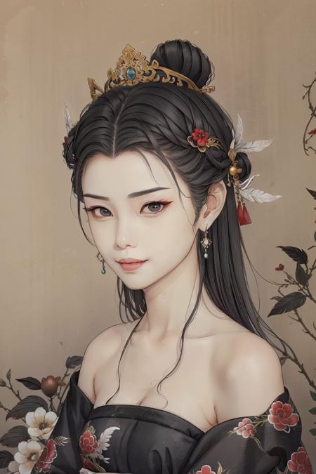08016-2675778617-gongbiv,gongbi painting,1girl,solo,jewelry,black hair,earrings,hair ornament,portrait,black eyes,makeup,smile,closed mouth,feath.png
